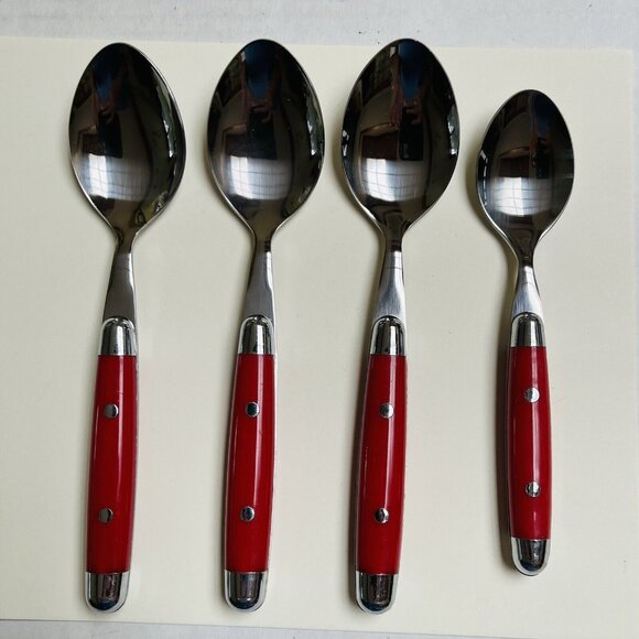 4 Pieces Vintage Red Rivet Handles Stainless 3 Spoons 1 Teaspoon Replacement - Picture 1 of 4